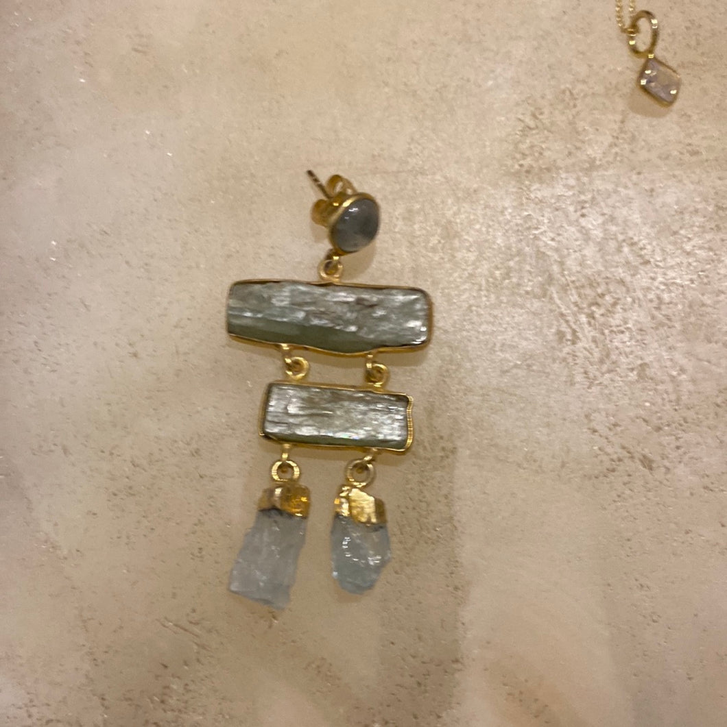 Rain earring / green kyanite with aquamarine